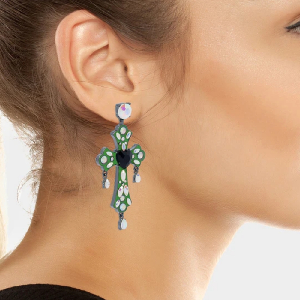 NWT Betsey Johnson Ghoul Friends Stone Cross Drop Earrings Glow in the Dark
